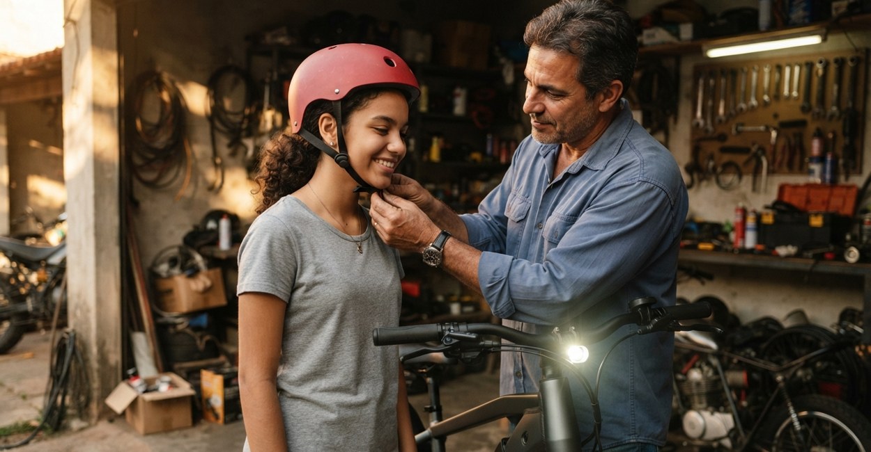 Pai ajusta capacete da filha adolescente ao lado de uma bicicleta elétrica com farol aceso