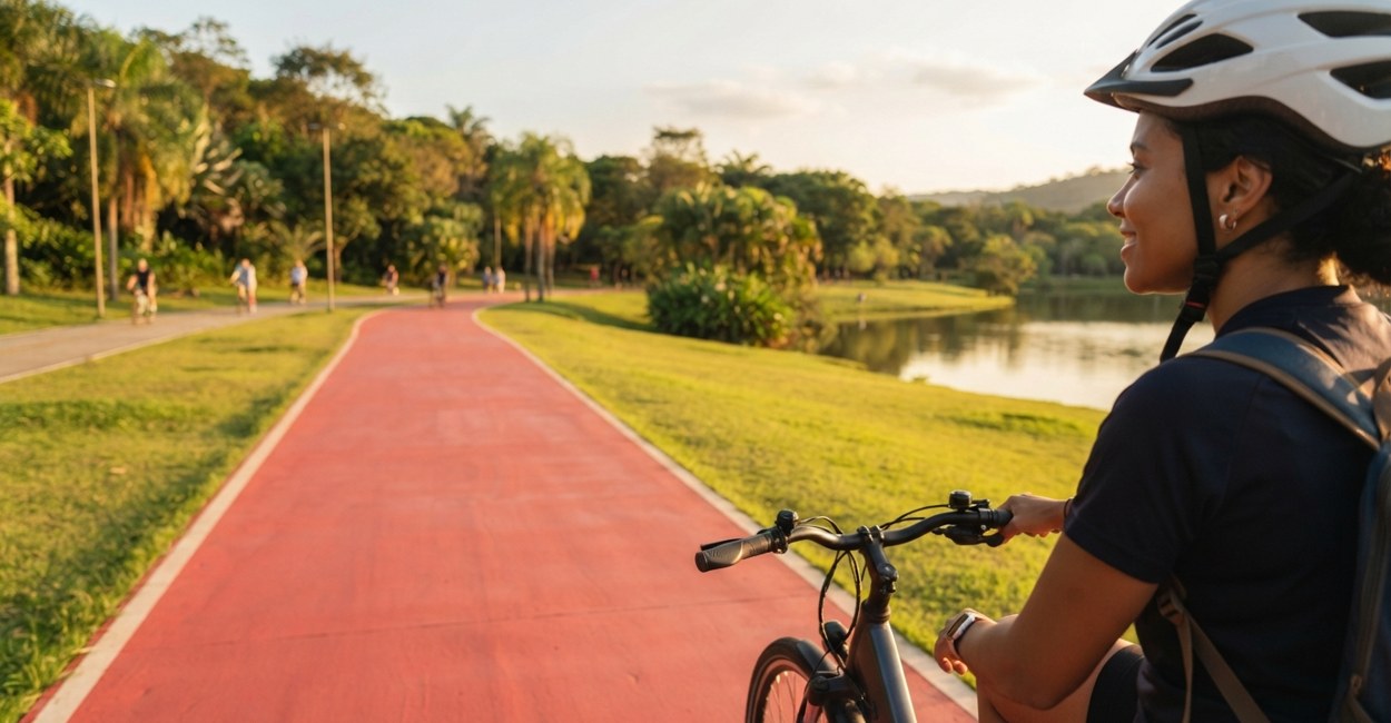 Mulher de capacete pedala bicicleta elétrica em ciclovia de parque com lago ao entardecer