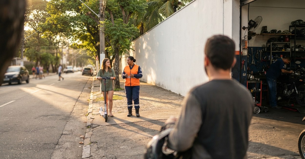 Agente de trânsito de colete laranja conversa com moça que segura patinete elétrico na calçada