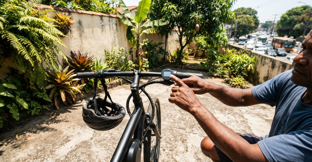Homem confere o visor digital no guidão de bicicleta elétrica com capacete pendurado