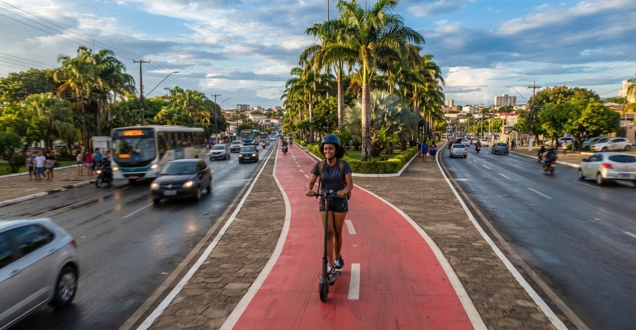 Jovem de capacete conduz patinete elétrico em ciclofaixa vermelha de avenida com palmeiras