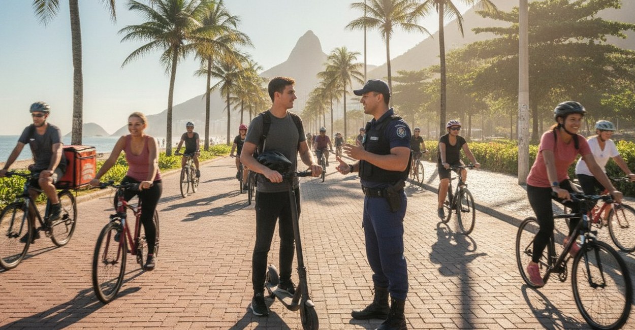 Agente orienta ciclistas e usuário de patinete numa orla