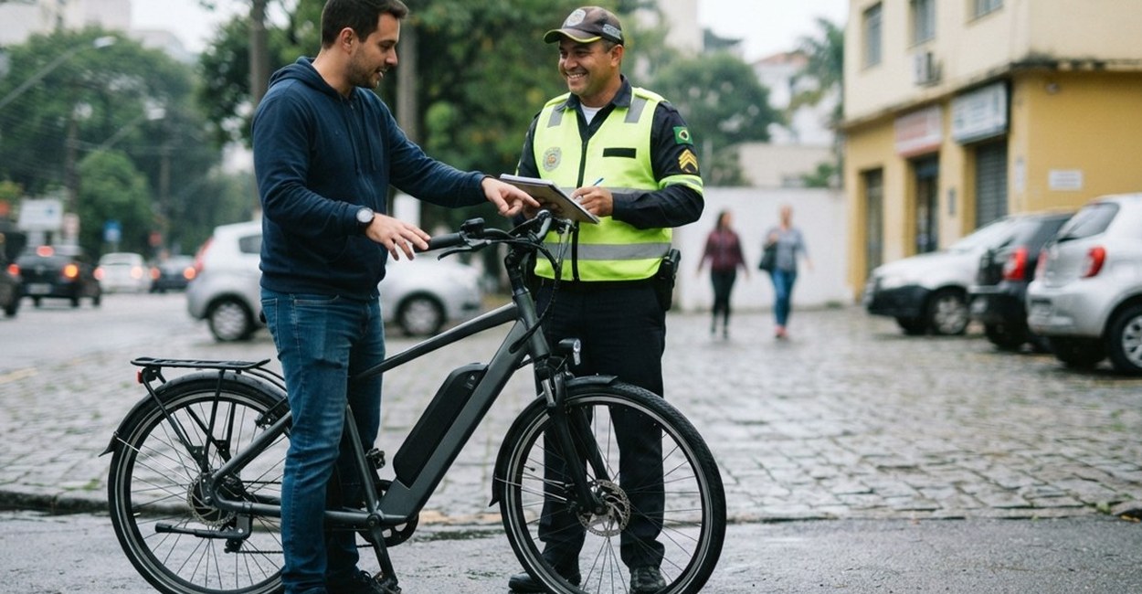 Agente de trânsito conversa com ciclista ao lado da bicicleta elétrica na rua