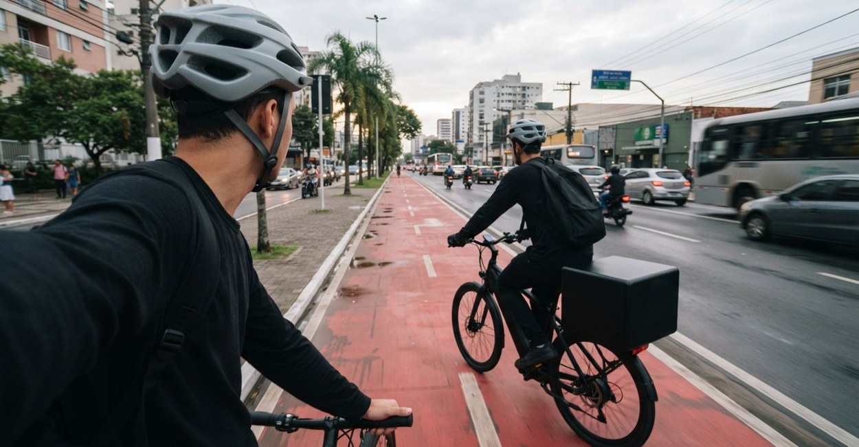 Entregador de capacete pedala uma bicicleta elétrica com caixa de entrega numa ciclovia vermelha de avenida em dia nublado