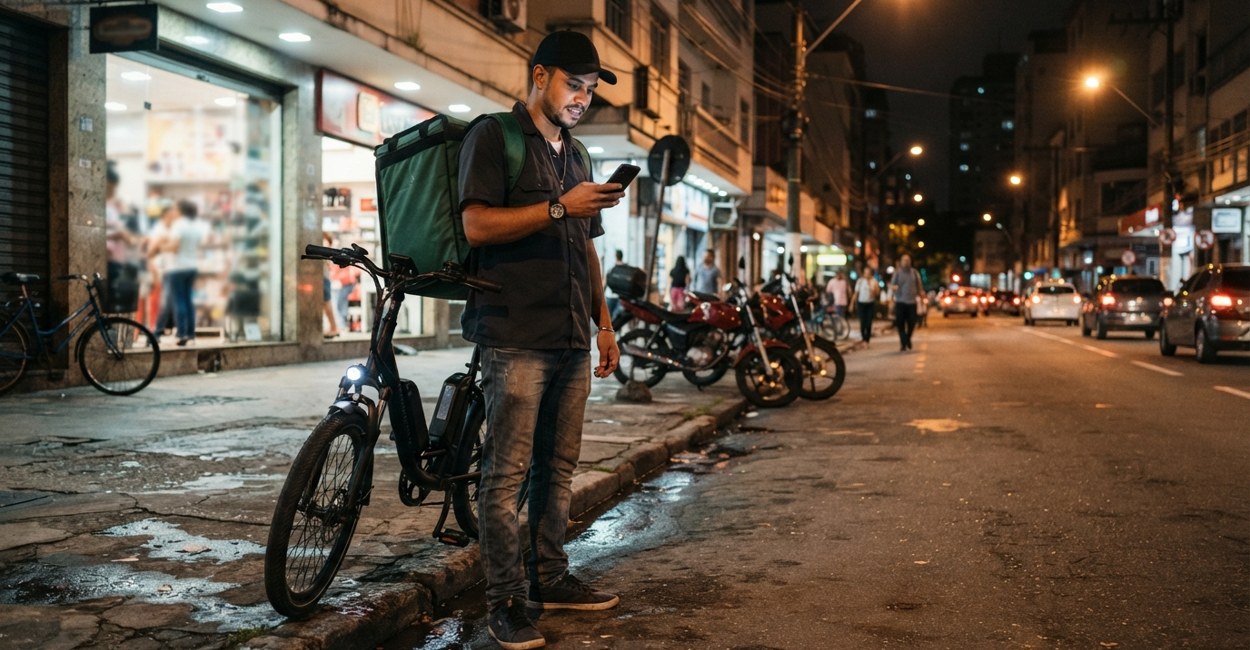 Entregador com mochila térmica olha o celular ao lado de uma bicicleta elétrica numa calçada de rua comercial à noite