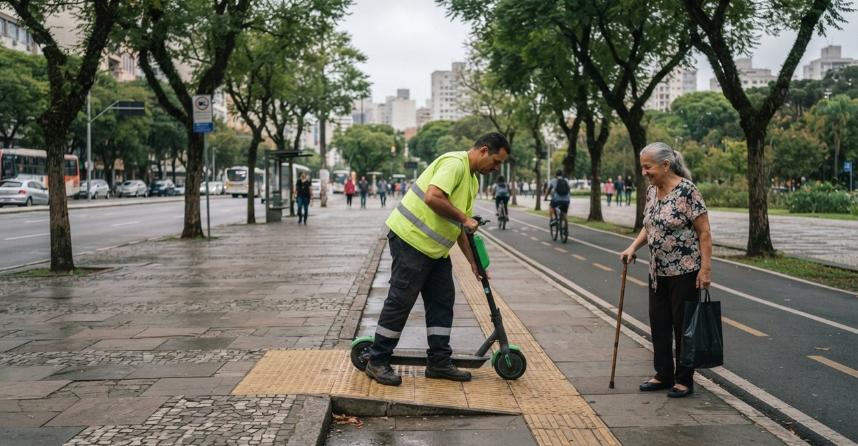 Funcionário de colete retira patinete elétrico do piso tátil enquanto senhora de bengala observa
