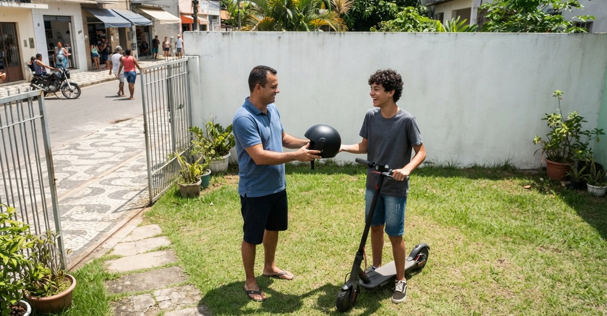 Pai entrega capacete ao filho adolescente ao lado de um patinete elétrico novo no quintal de casa