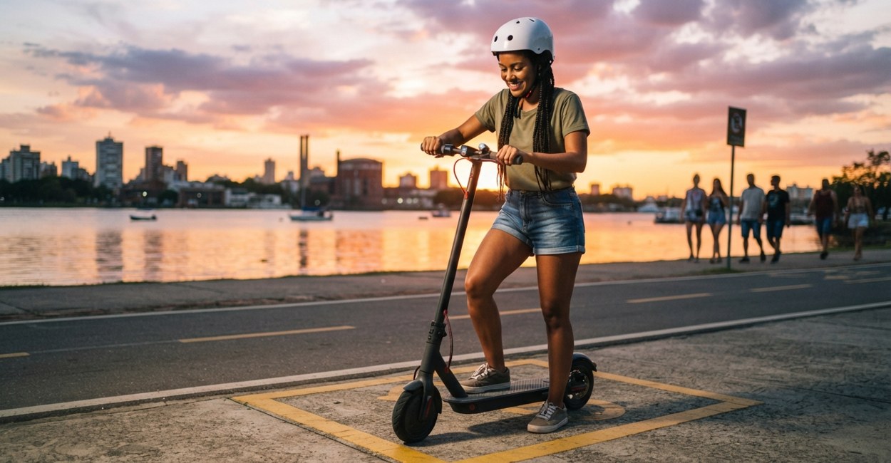 Jovem de capacete estaciona patinete elétrico em vaga pintada na orla do Guaíba ao pôr do sol