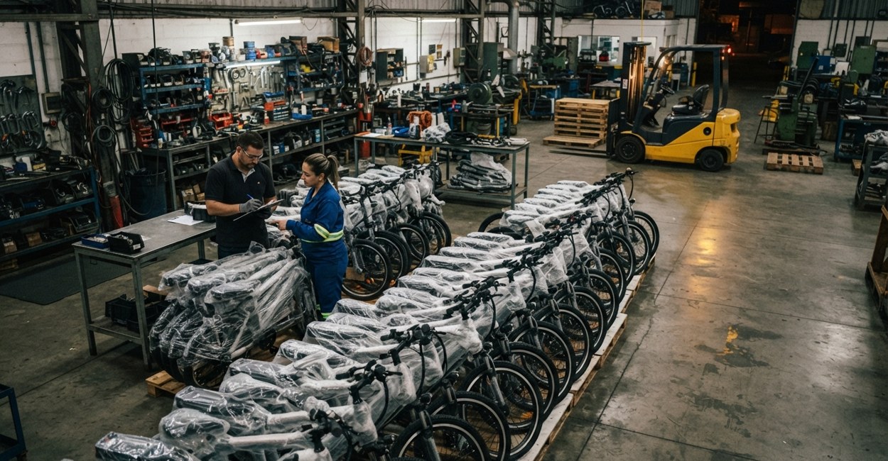 Funcionários conferem a prancheta ao lado de fileiras de bicicletas embaladas na expedição de uma fábrica