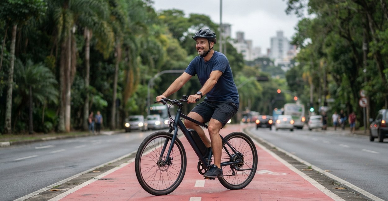 Homem de capacete sorri parado com a bicicleta elétrica numa ciclofaixa vermelha de avenida arborizada