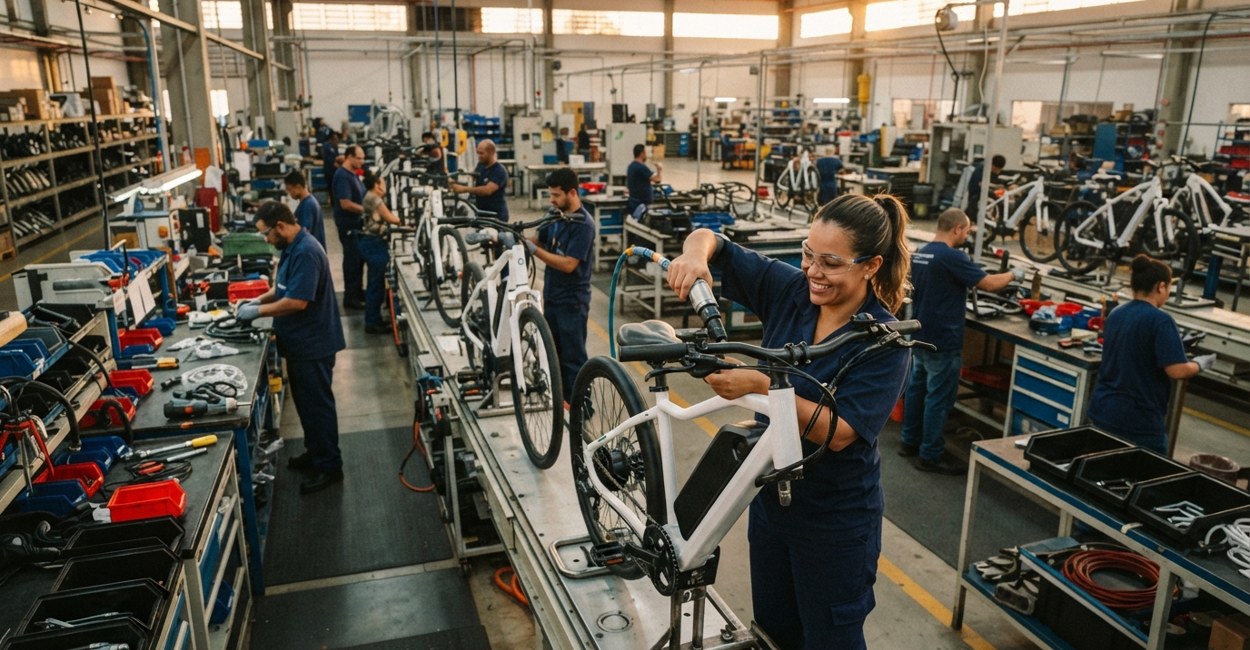Operária sorridente ajusta o guidão de uma bicicleta elétrica na linha de montagem de uma fábrica brasileira