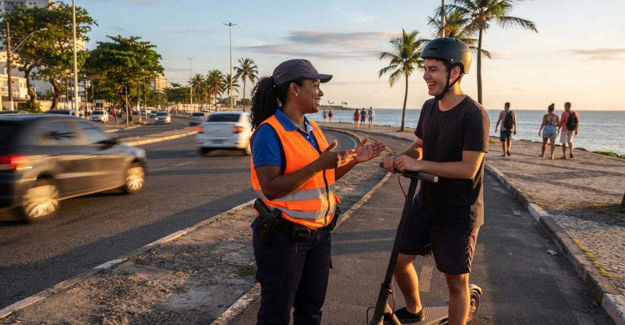 Agente de trânsito de colete conversa com um jovem de capacete ao lado de um patinete elétrico compartilhado numa ciclovia à beira-mar