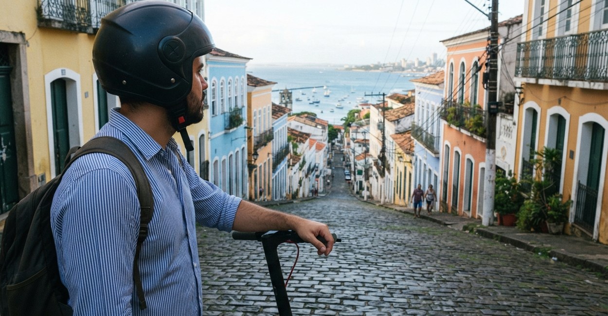 Homem de capacete para com um patinete elétrico no alto de uma ladeira de paralelepípedo com casario colorido e a baía ao fundo