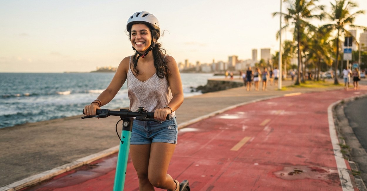 Jovem de capacete sorri conduzindo um patinete elétrico compartilhado na ciclovia da orla, com o mar e coqueiros ao fundo