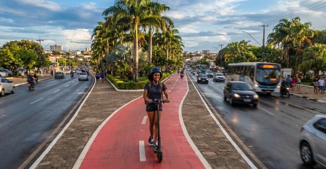 Avenida larga com ciclofaixa central e trânsito de carros dos dois lados