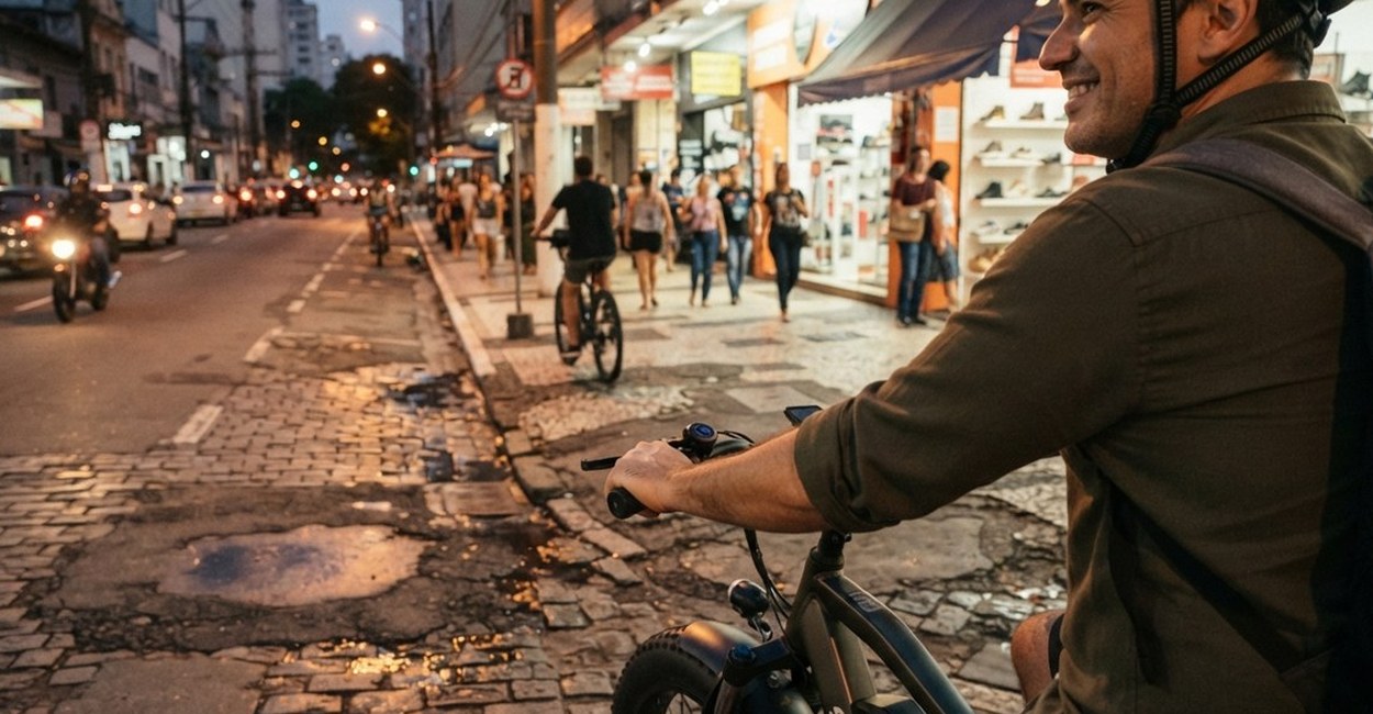 Homem sorri ao empurrar o veículo elétrico por uma rua de bairro