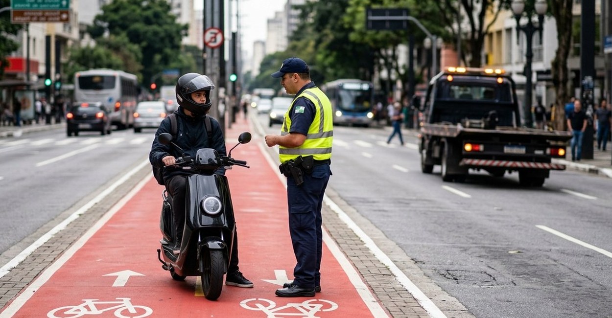 Agente de trânsito conversa com condutor de scooter elétrico pequeno parado numa ciclofaixa de avenida