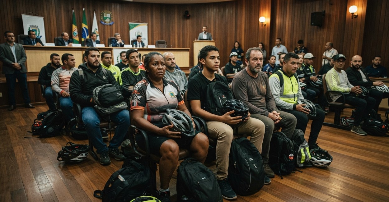 Ciclistas e entregadores de capacete acompanham uma audiência pública no plenário de uma câmara municipal