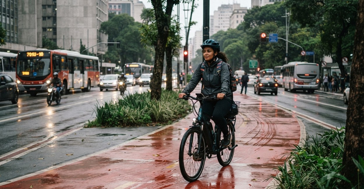 Mulher de capacete pedala uma bicicleta elétrica devagar por uma ciclovia arborizada de São Paulo num dia nublado