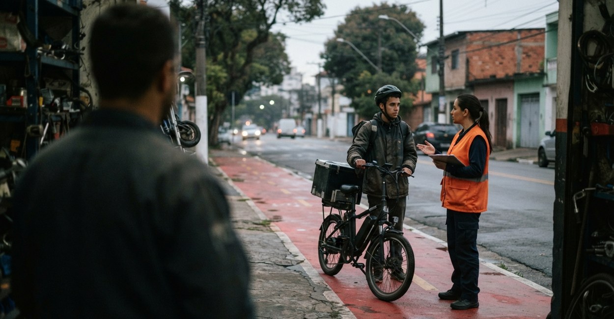 Agente de trânsito conversa com um entregador que segura uma bicicleta elétrica parada numa ciclovia de São Paulo no fim da tarde