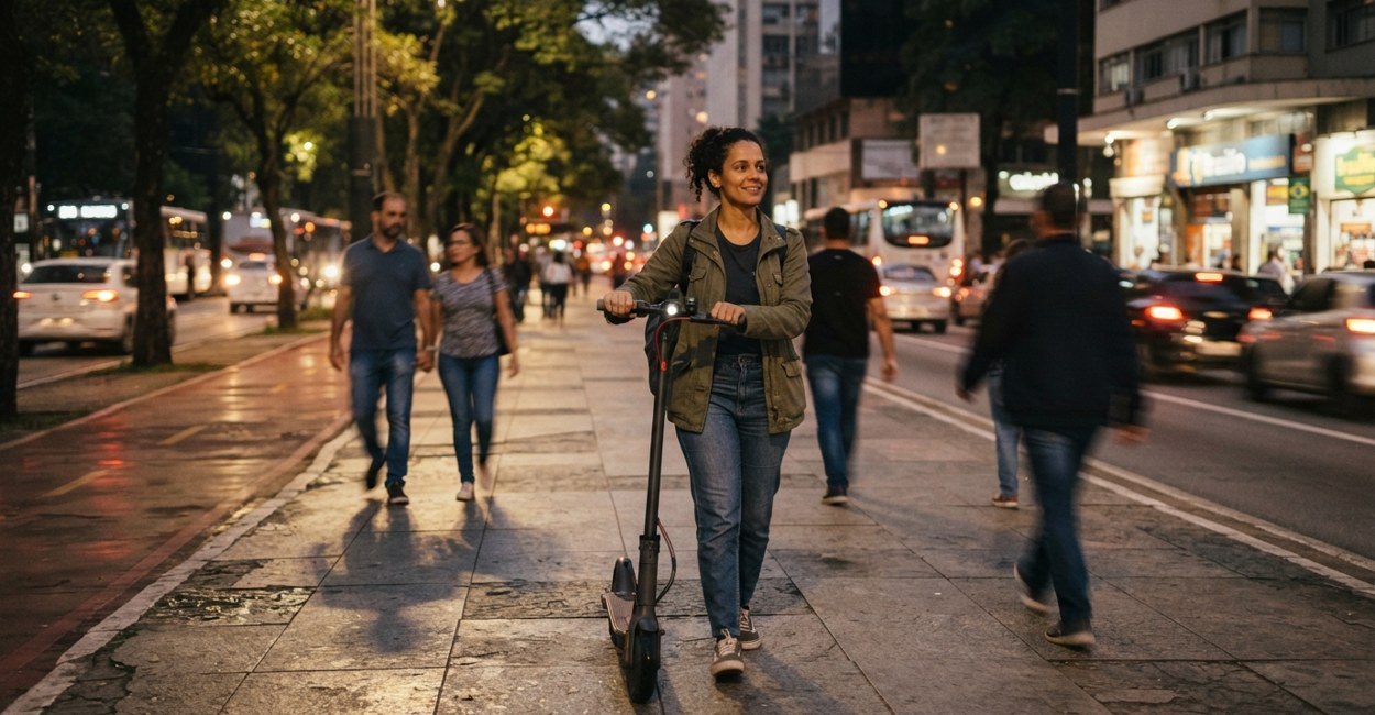 Mulher empurra a pé o patinete elétrico pela calçada larga de São Paulo entre pedestres