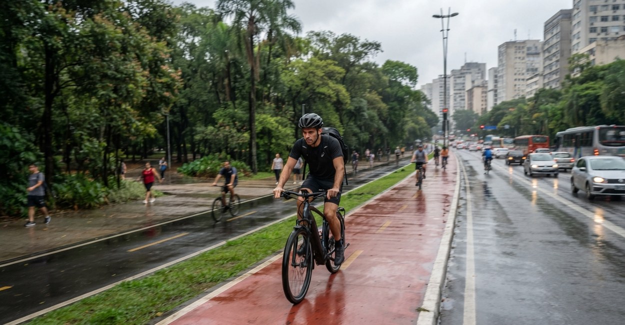 Homem de capacete pedala bicicleta elétrica em ciclovia ao lado de parque em São Paulo