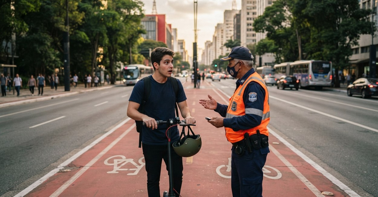 Agente de trânsito de colete laranja conversa com jovem que desceu do patinete elétrico numa ciclofaixa de São Paulo