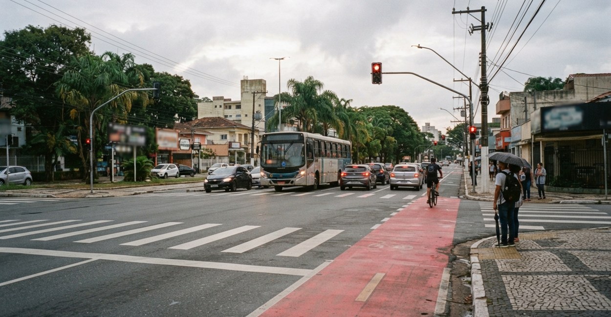 Cruzamento urbano com semáforo, faixa de pedestres e ciclofaixa vermelha numa cidade média brasileira