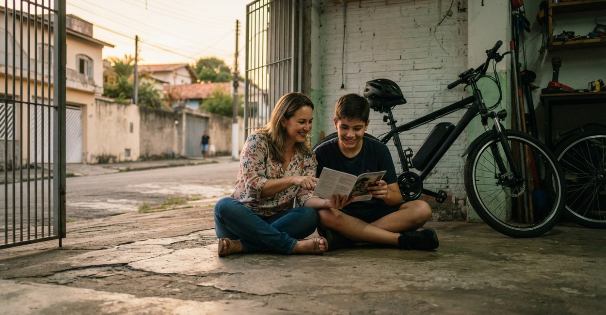 Mãe e filho adolescente leem juntos o manual de uma bicicleta elétrica na garagem de casa