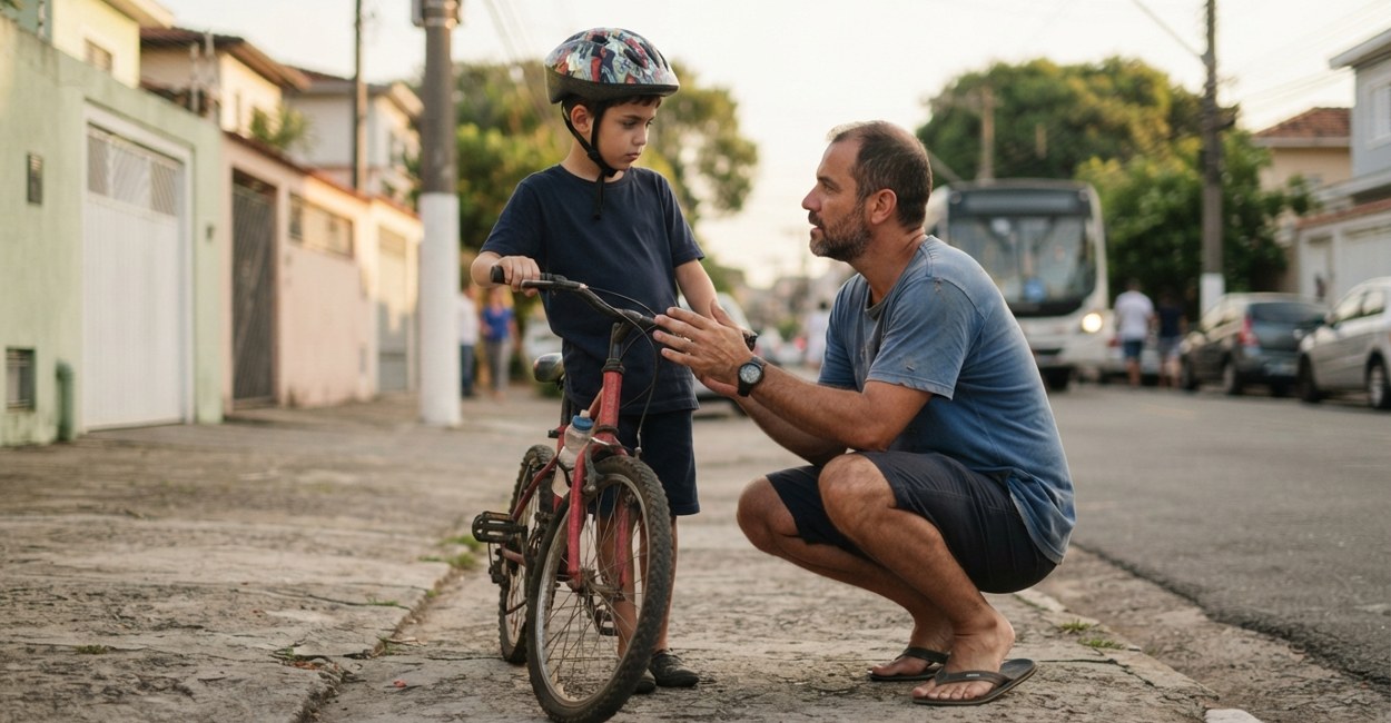 Pai ajoelhado na calçada conversa com o filho de 10 anos que segura uma bicicleta comum e usa capacete