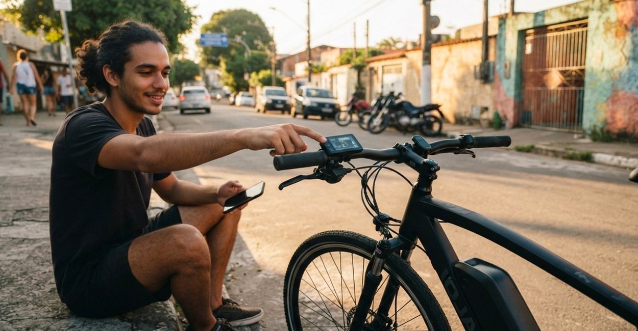 Jovem sorridente aponta o painel de uma bike elétrica