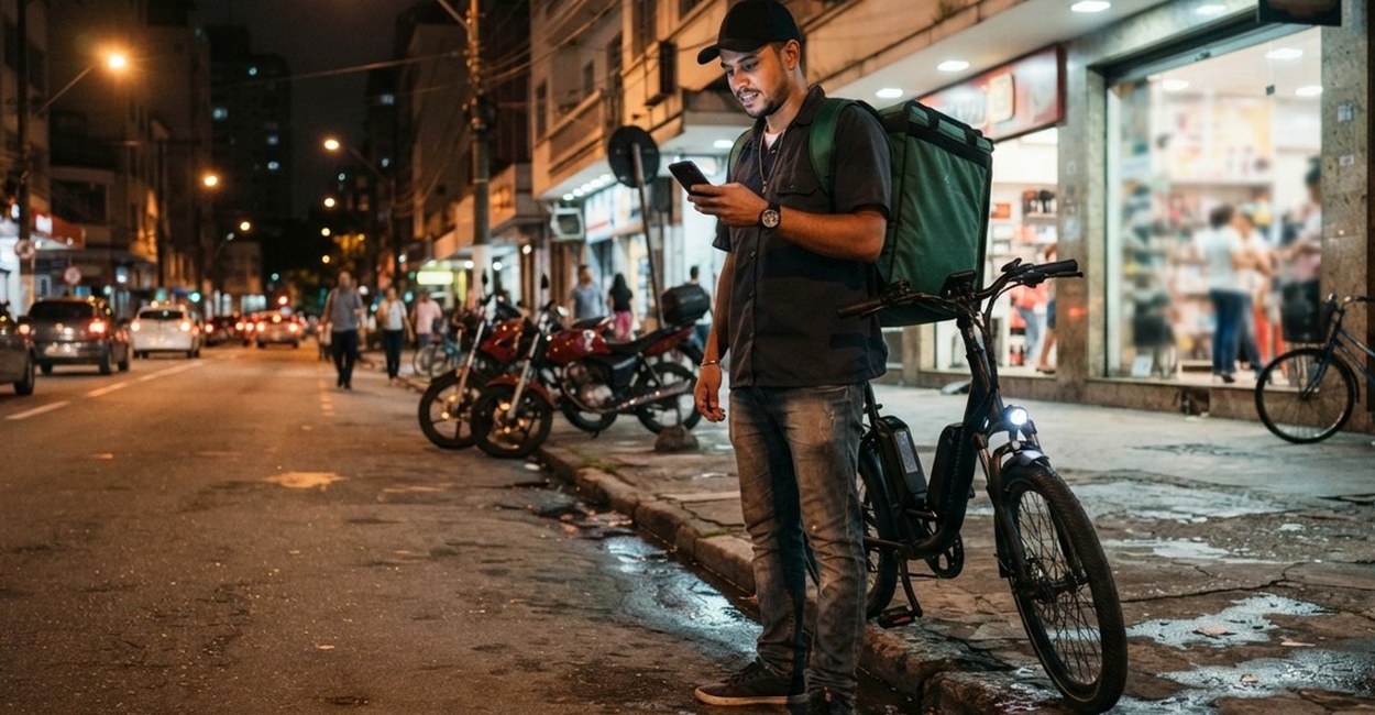Entregador com bike elétrica confere o celular numa rua à noite