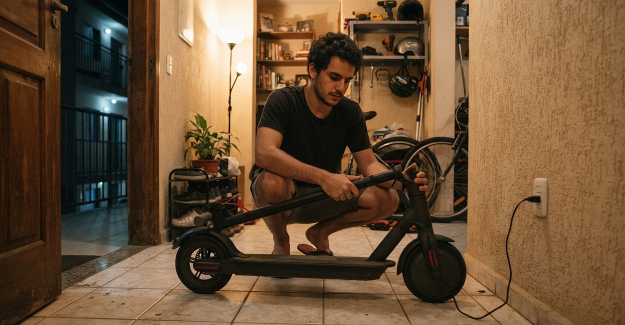 Rapaz dobra um patinete elétrico preto no hall de casa à noite, com o carregador ligado na tomada
