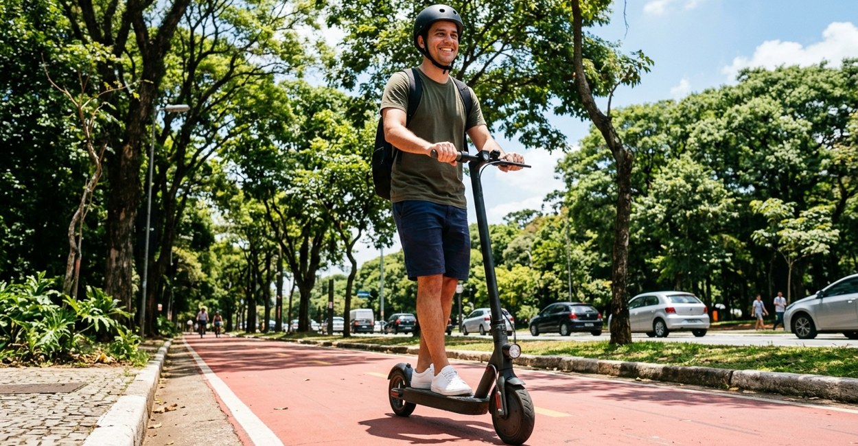 Homem de capacete sorri em pé num patinete elétrico preto numa ciclofaixa de avenida arborizada