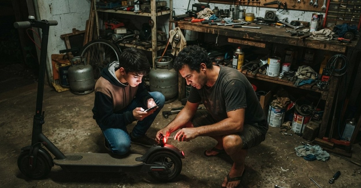Pai e filho conferem o patinete elétrico na garagem antes de sair