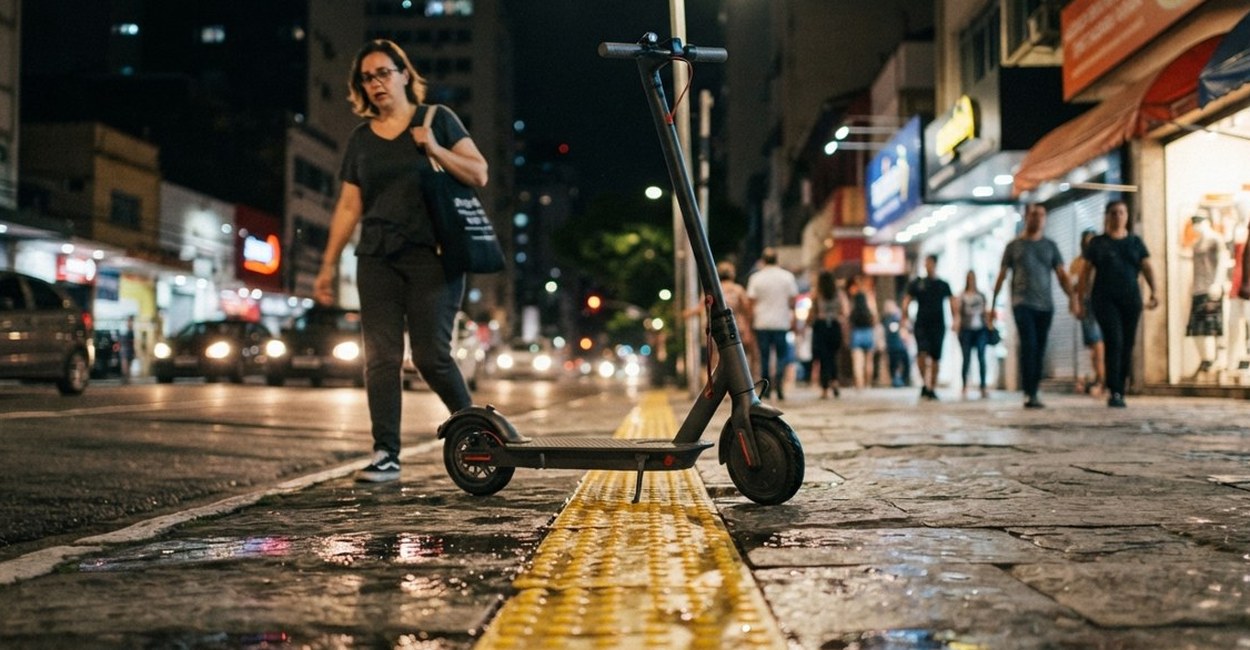 Mulher pilota patinete elétrico numa rua comercial iluminada à noite