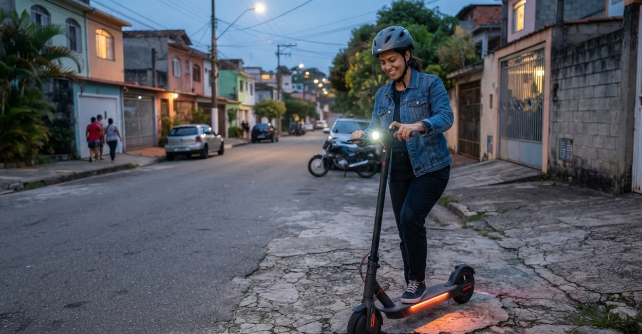 Mulher de capacete pilota patinete elétrico com farol aceso numa rua de bairro ao anoitecer