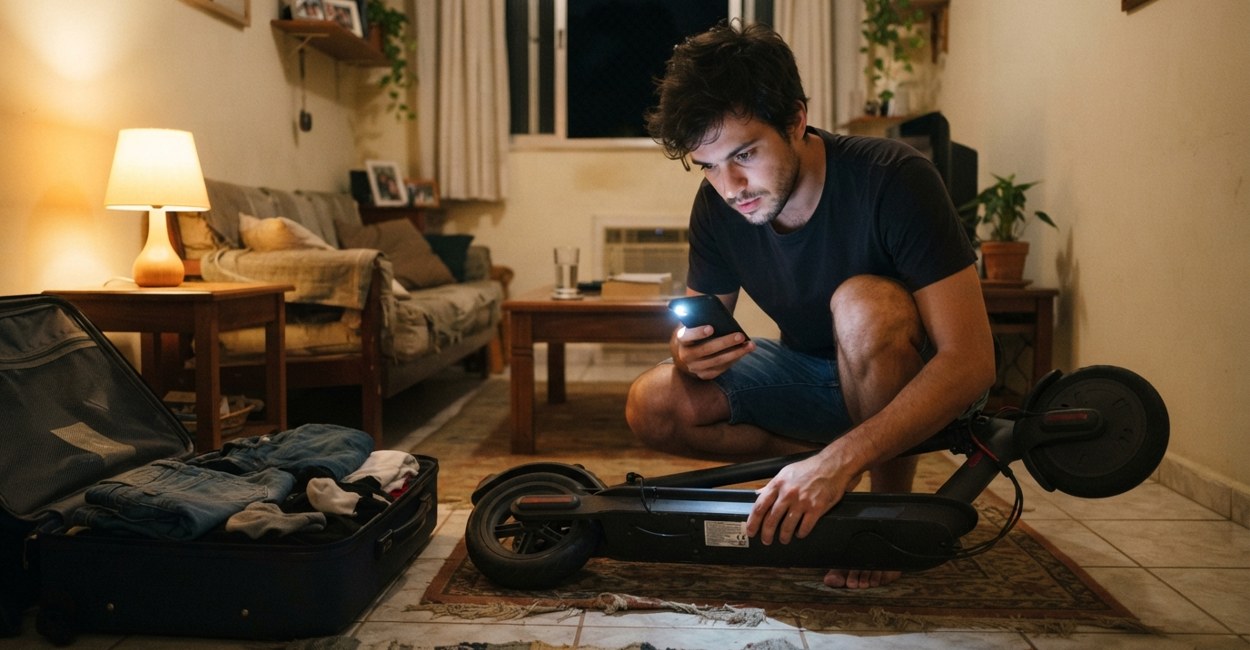 Homem lê a etiqueta da bateria de um patinete elétrico com a lanterna do celular ao lado da mala aberta