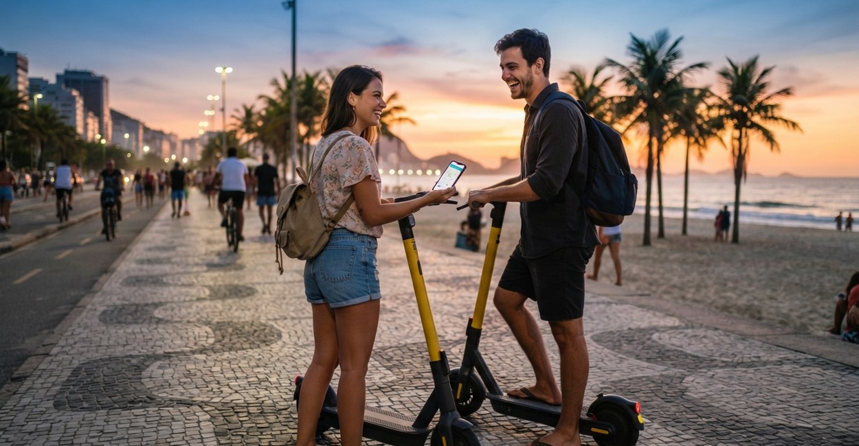 Casal desbloqueia patinetes compartilhados pelo celular numa orla ao entardecer