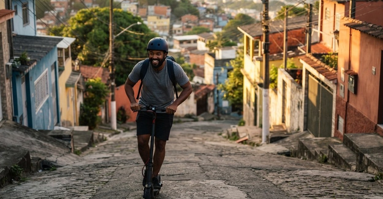 Homem de capacete sobe uma ladeira de bairro num patinete elétrico