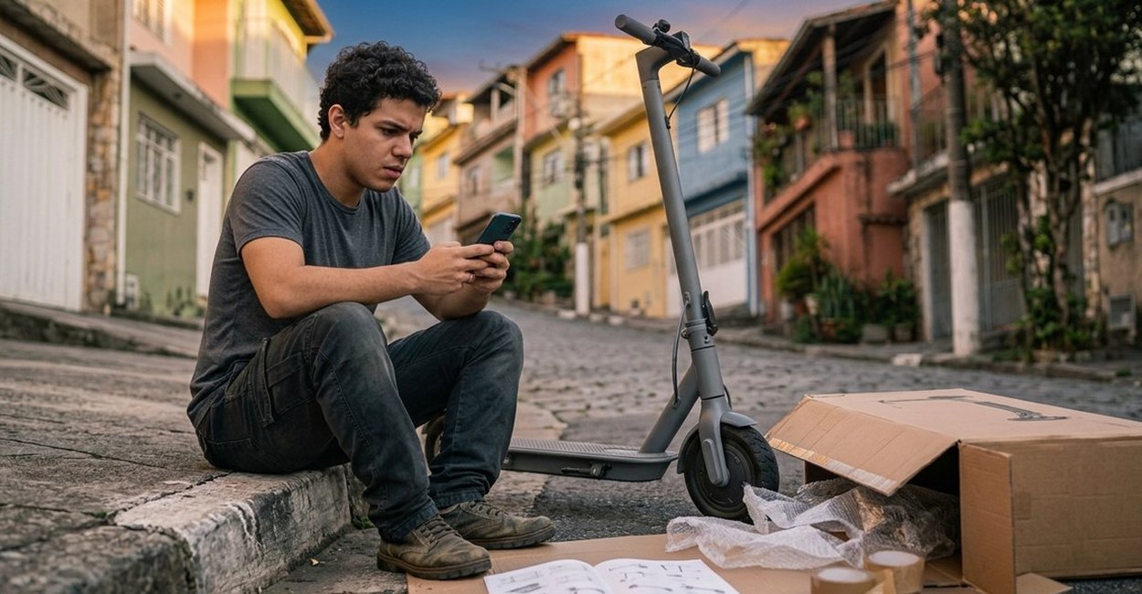 Homem sentado na calçada confere no celular as informações do patinete recém-desembalado