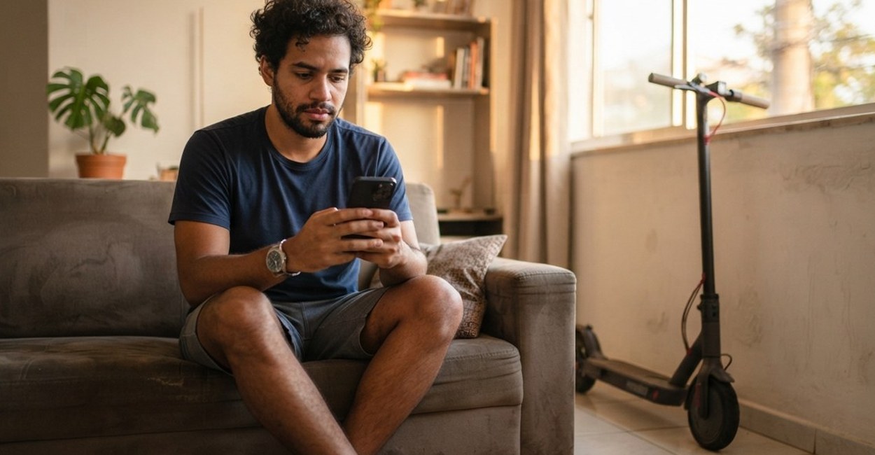Homem sentado no sofá compara preços no celular com o patinete elétrico ao lado