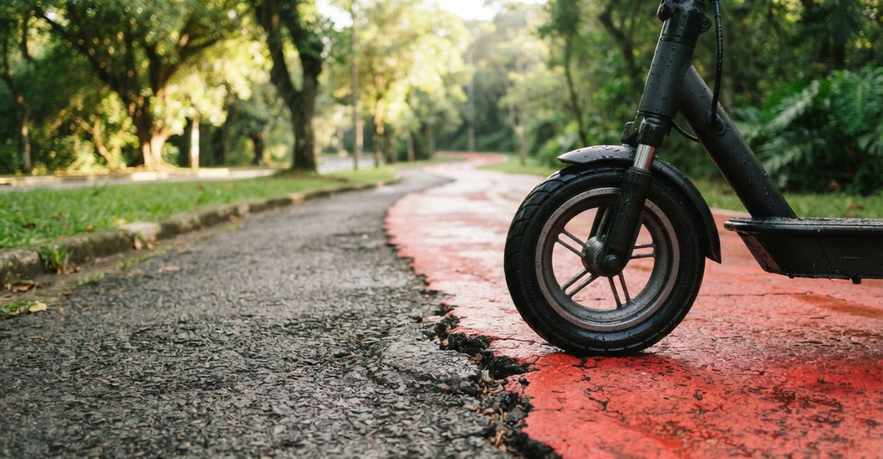 Roda dianteira de patinete elétrico junto a uma rachadura no asfalto de ciclovia vermelha