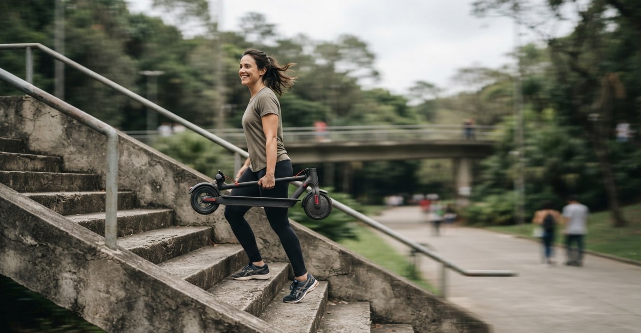 Mulher sorridente desce escada de passarela carregando patinete elétrico dobrado em uma mão