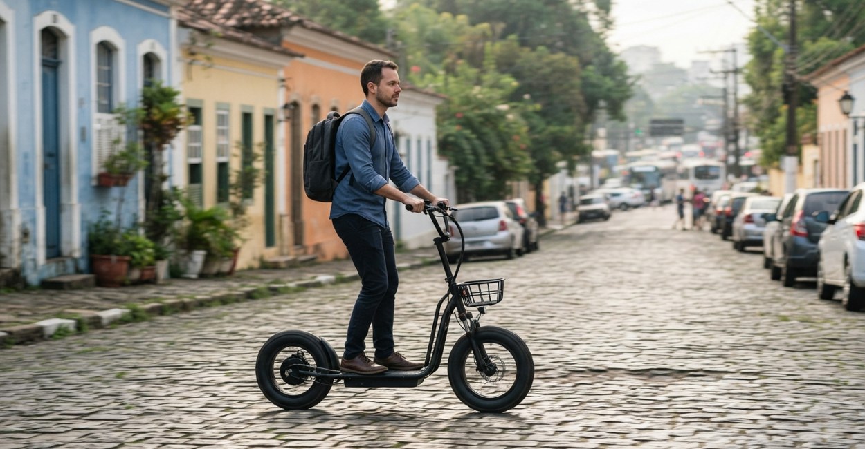 Homem de mochila passa tranquilo de patinete elétrico de rodas grandes por rua de paralelepípedos