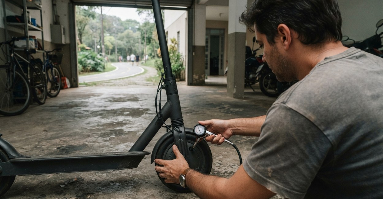 Mão usando calibrador na válvula do pneu dianteiro de um patinete elétrico