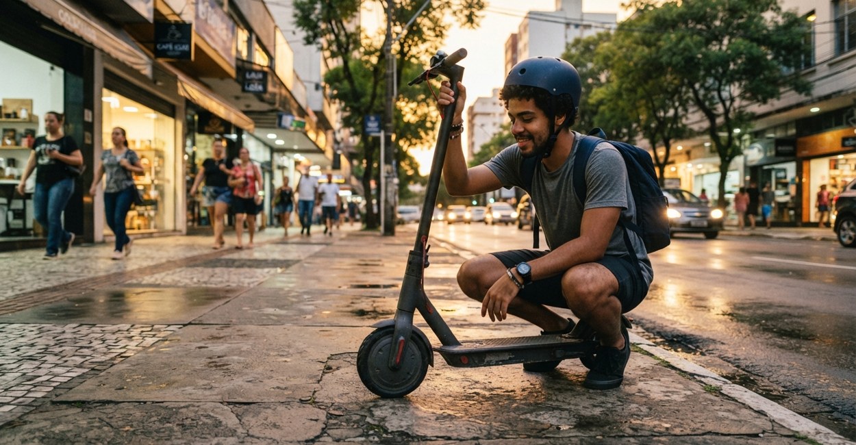 Rapaz de capacete agachado na calçada conferindo o mastro do patinete elétrico depois de um susto