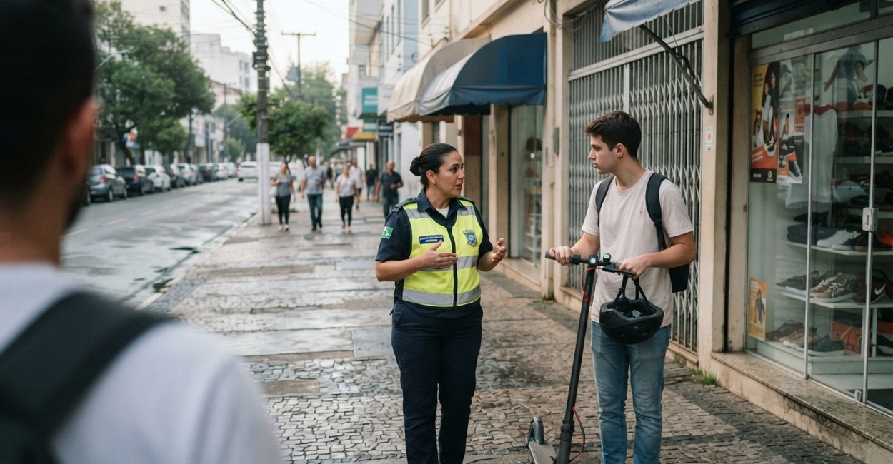 Agente de trânsito orienta rapaz que segura patinete elétrico e capacete numa calçada no fim da tarde