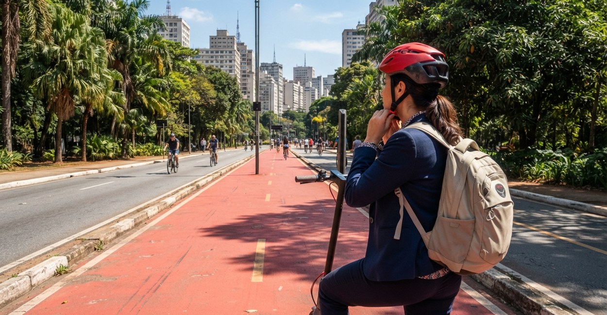 Mulher com roupa de trabalho prende o capacete antes de subir no patinete elétrico numa ciclofaixa pela manhã