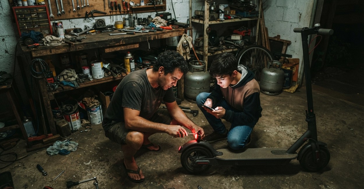 Pai instala a luz traseira vermelha no patinete elétrico na garagem enquanto o filho acompanha